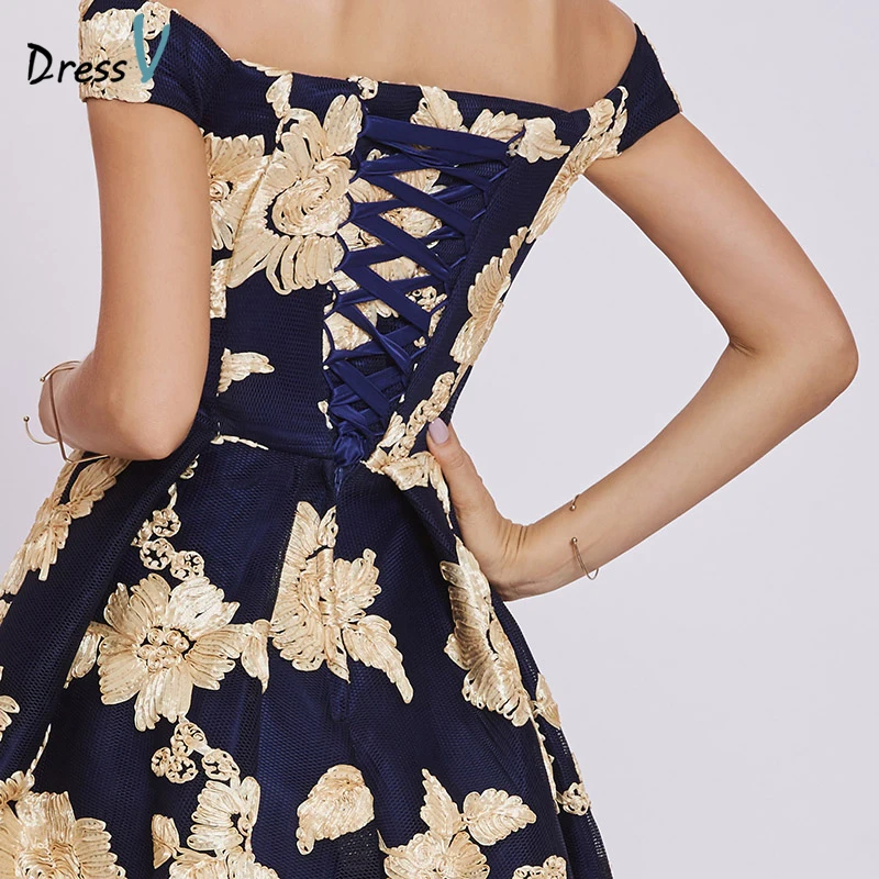 Коктейльное платье Dressv темно синее черное кружевное с плеча элегантное