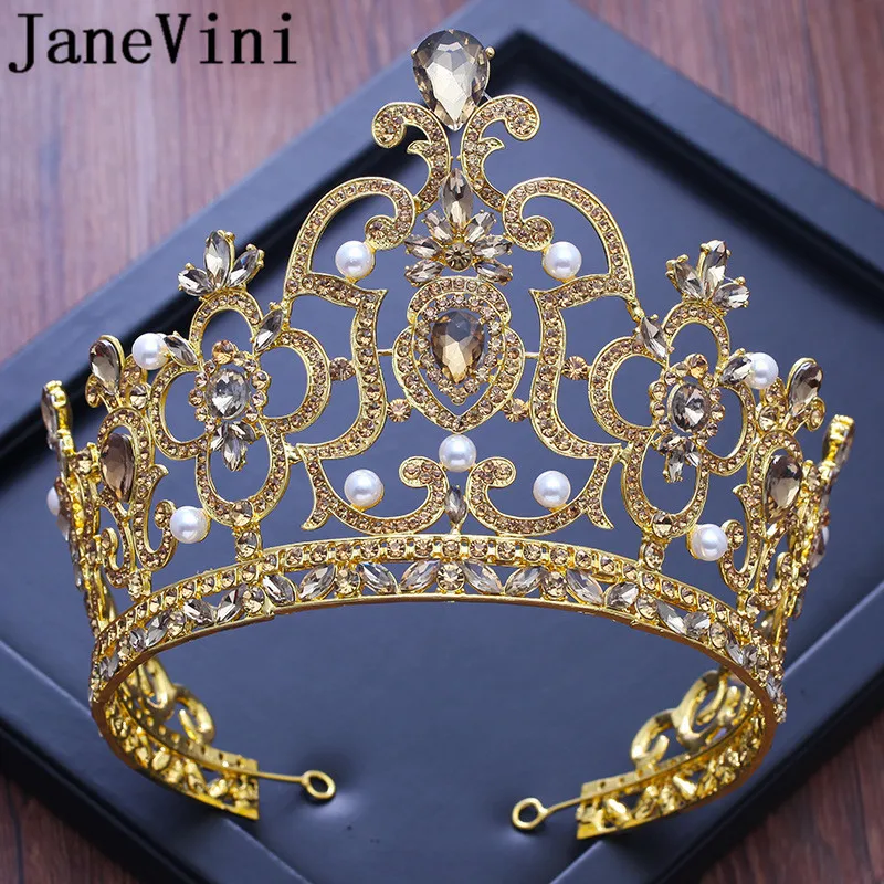 

JaneVini Vintage Baroque Wedding Crown Royal Rhinestone Crystal Gold Bridal Tiara Queen Bride Crowns Pageant Pearls Headbands