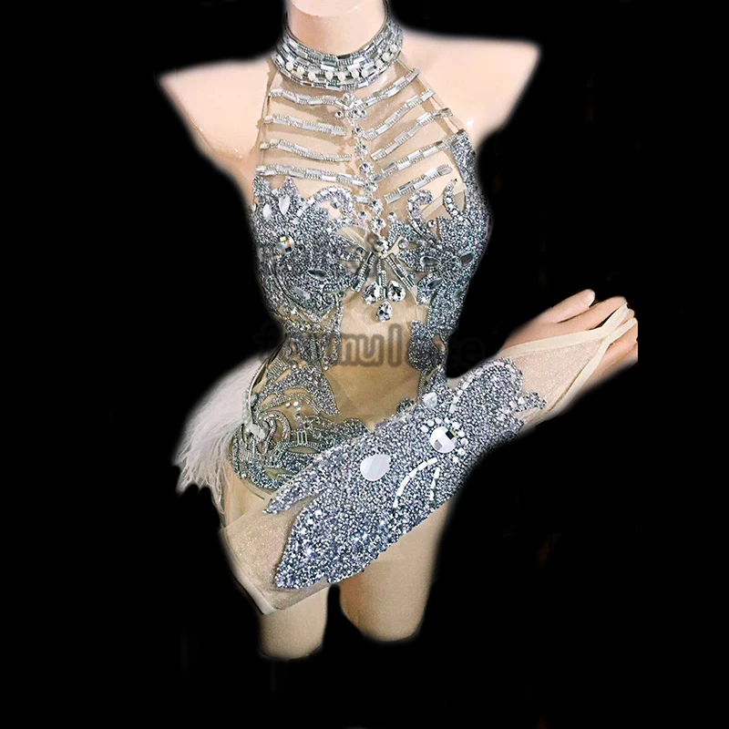 Фото Сексуальный Блестящий Комбинезон Стразы с вырезами танцевальное платье для