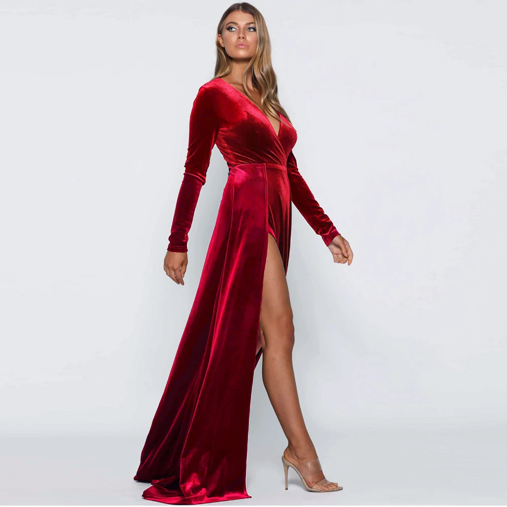 Бордовое платье макси с длинными рукавами и v образным вырезом Длинное бархатное