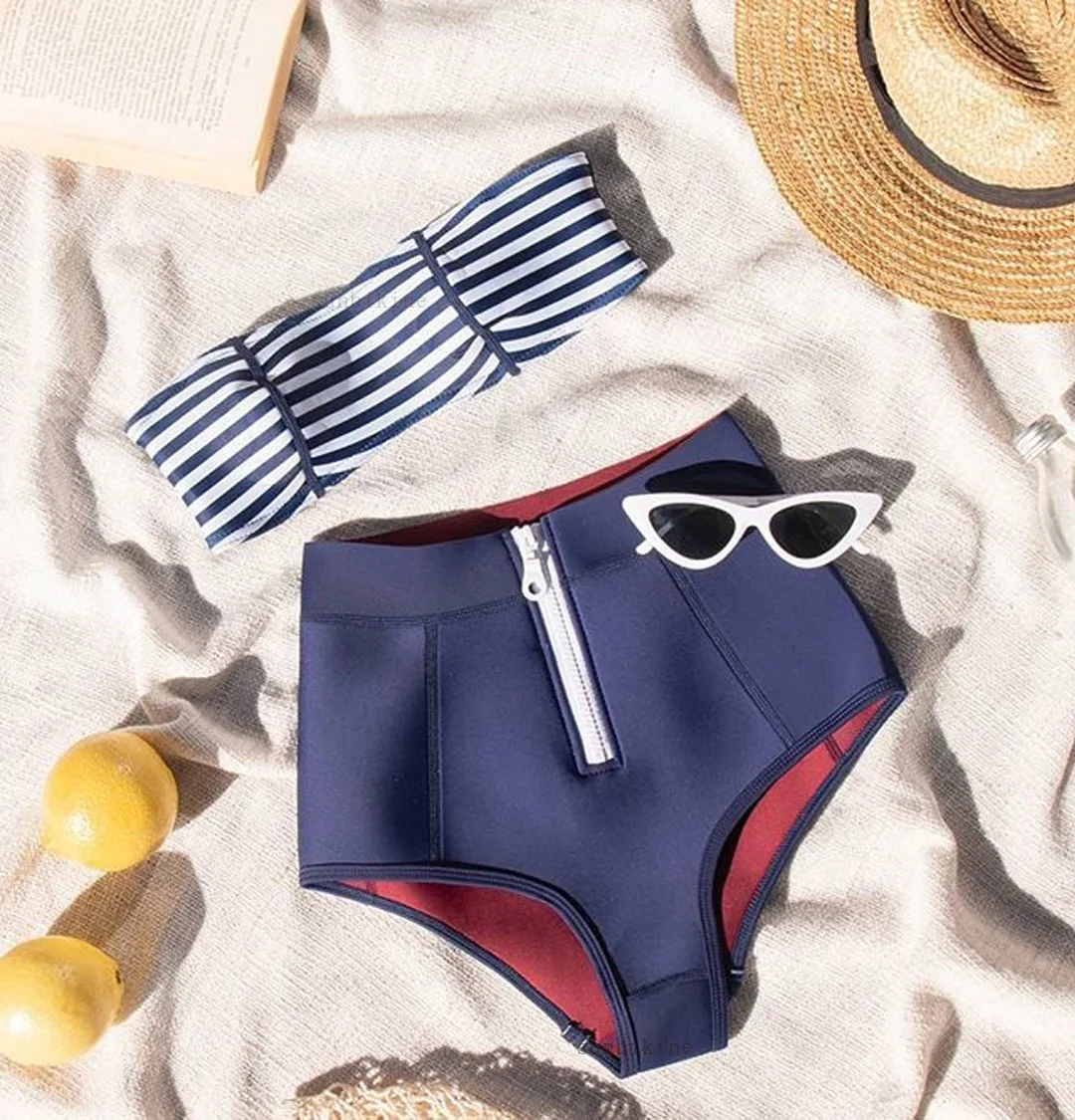 New Push up Striped Women Two Piece Bath Wear Set Sexy Adjustable Strap Padded Female Tops and Zipper Up Shorts Bathing Suits | Женская