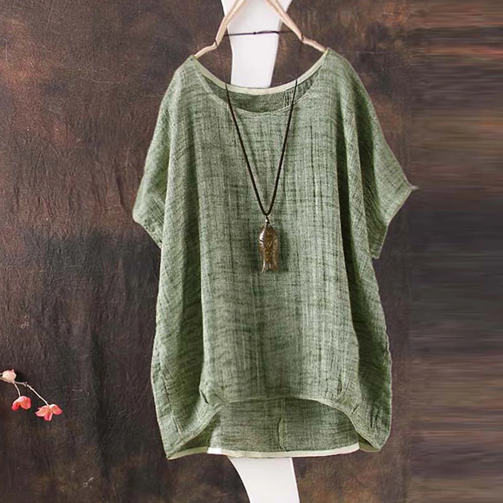 Хлопковая льняная Свободная блузка повседневная с коротким рукавом облегающее