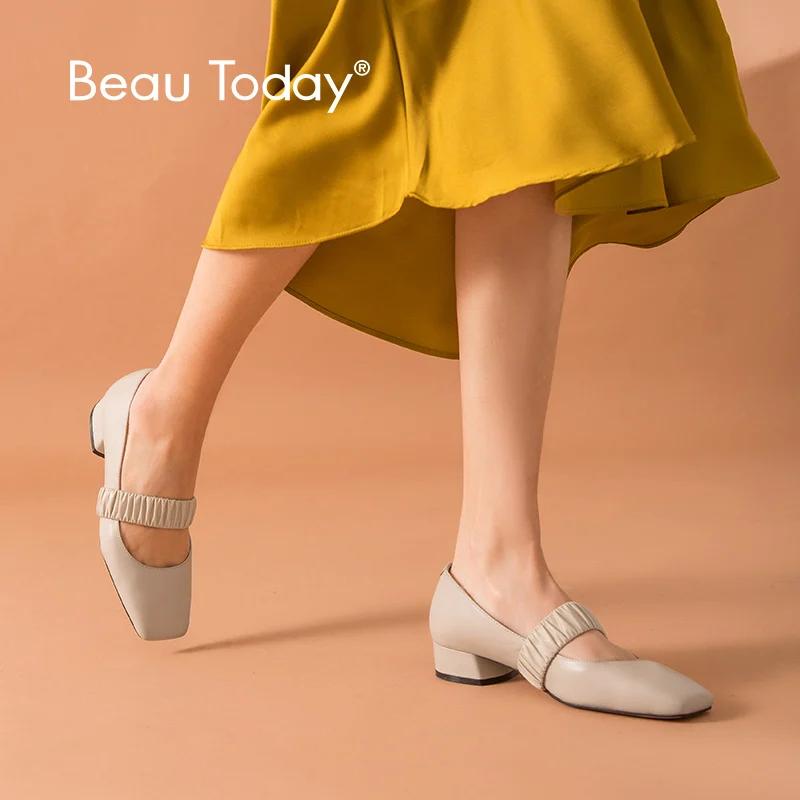 BeauToday/женские туфли-лодочки из телячьей кожи; цвет бежевый; эластичная лента; квадратный носок; Новинка; женская обувь на низком каблуке; ручная работа; 1820796
