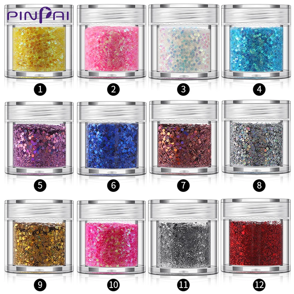 PinPai, 12 цветов, смешанный шестигранный блеск для ногтей, порошок, блестящие хлопья для ногтей, блестящая пудра для украшения ногтей, маникюрные инструменты