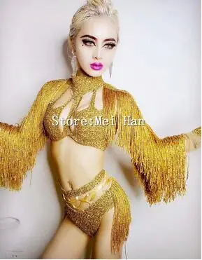 gold Фиолетовый Блестящий аксессуар с кисточками бикини бюстгальтер короткий для женщин певец вечерние сценический яркий Костюм танцевальный набор - Цвет: gold