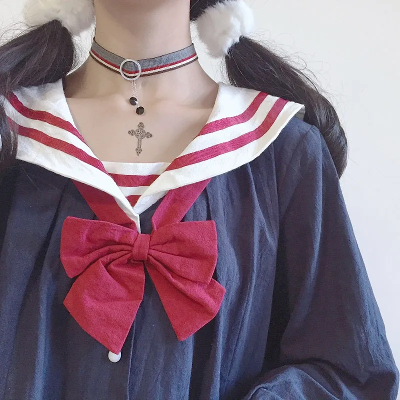 Harajuku матросский воротник темно-синее платье японская мода сладкий лук мягкая сестра Девушка Прекрасный Хлопок Kawaii преппи длинный рукав платья