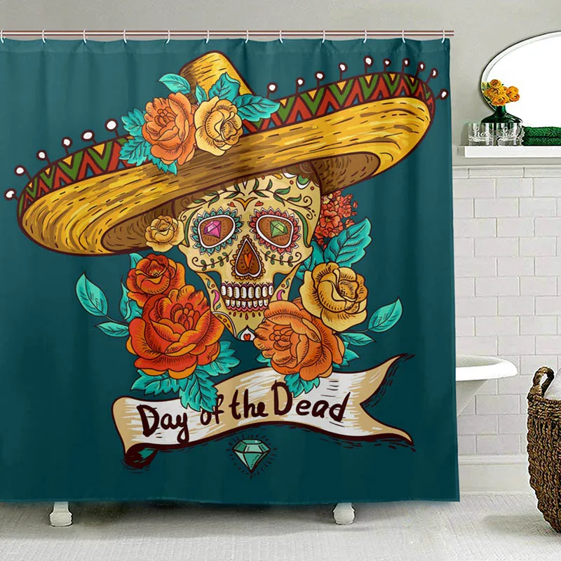 Day of the Dead Shower Curtain Colorful Flower Sugar Skull Waterproof Polyester Fabric Toilet for Bathroom with 12 Hooks | Дом и сад