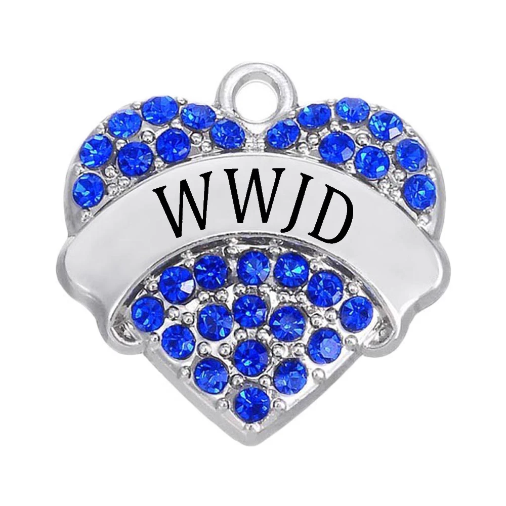 New hot English abbreviation WWJD heart-shaped crystal inlaid metal charm pendant meaning What Would Jesus Do | Украшения и