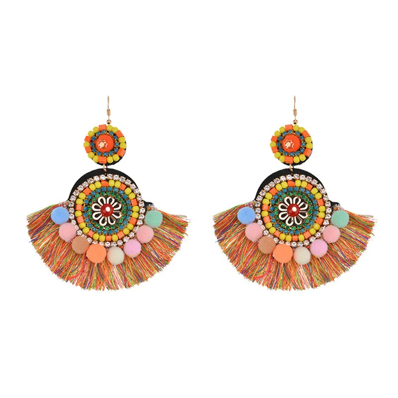 Богемные кисточки с меховым помпоном длинные женские серьги со стразами