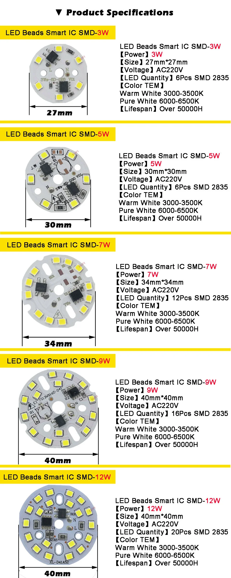 10 шт. Смарт IC DIY светодиодный светильник SMD 3 Вт 5 Вт 7 Вт 9 Вт 12 Вт теплый белый чистый белый светильник с чипом вход 220 В для 3 5 7 9 12 Вт Светодиодный светильник