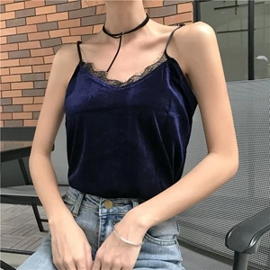 navy blue tank top Бархатный винтажный женский топ на бретелях, кружевная Лоскутная летняя майка без рукавов, однотонная свободная футболка без рукавов, женская одежда - Цвет: navy blue tank top