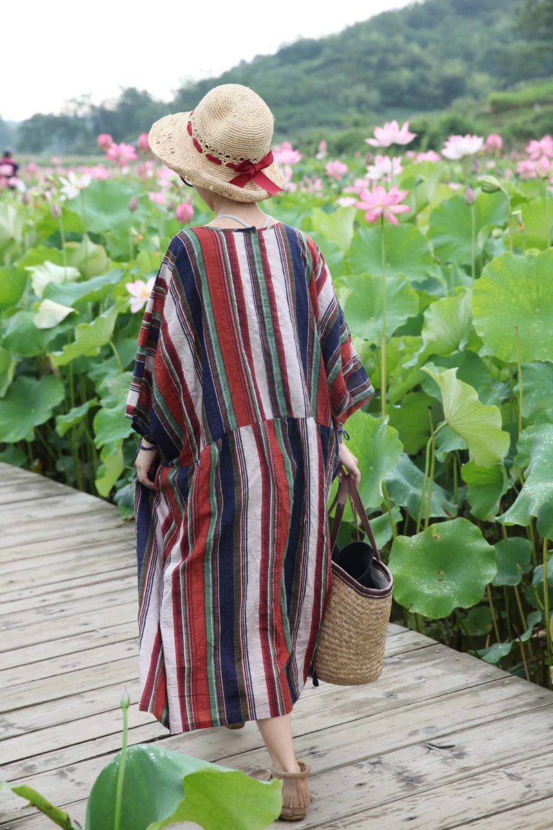 Linenall.com оригинальный дизайн вертикальные линии цвет хлопчатобумажное платье