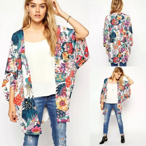 

Women Fashion Floral Loose Kimono Cardigan Boho Chiffon Open Stitch Short Sleeve Spring Tops Jacket Coat