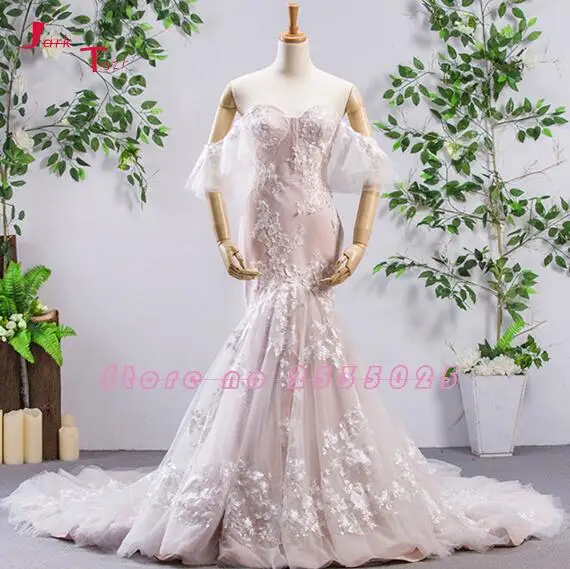 picture color Jark Tozr Новое поступление винтажное свадебное платье с открытыми плечами, коротким рукавом, кружевной аппликацией и аппликацией в виде русалки Abiye Gece Elbisesi - Цвет: picture color