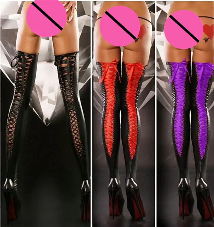Сексуальные чулки черные кожаные латексные длинные кружевные повязки ажурная