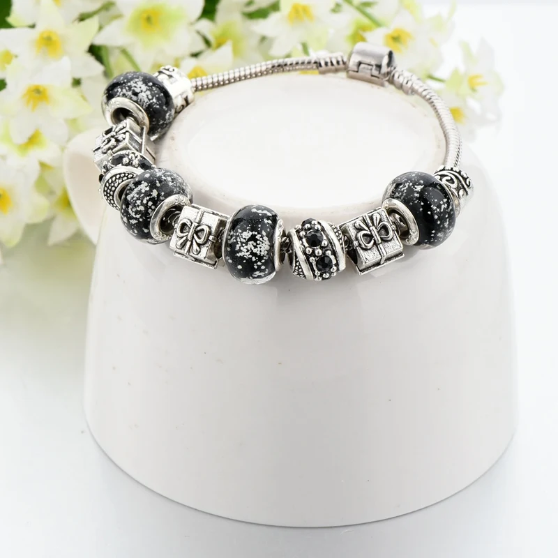 Szelam черные браслеты с подвесками для женщин серебряные муранскими бусинами