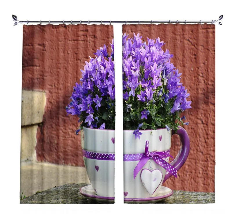 

3D Window Curtain Luxury living Bedroom wedding room Purple flowers decorate Cortina Drapes Rideaux Customized size pillowcase