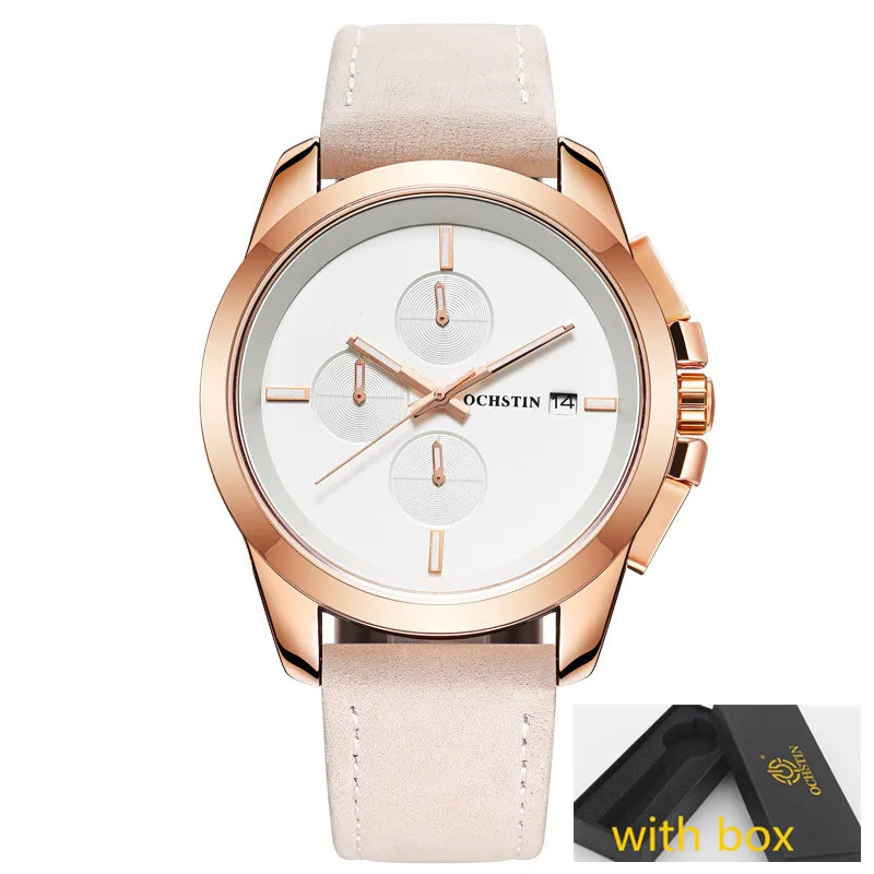 Rose White 059A Box OCHSTIN мужские часы лучший бренд класса люкс мужские кожаные водонепроницаемые спортивные Кварцевые Хронограф военные наручные часы Мужские часы montre - Цвет: Rose White 059A Box
