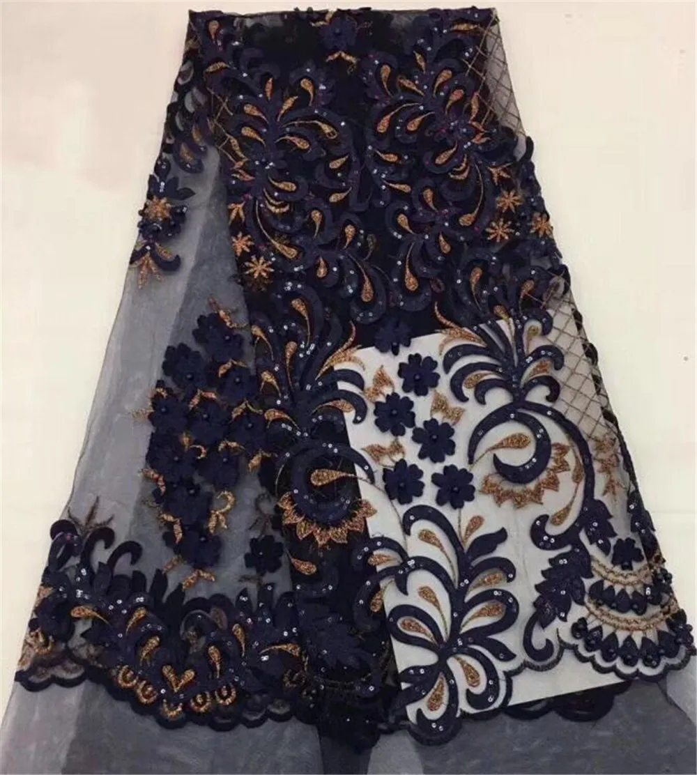 Черная 3D кружевная ткань с цветами и бисером, вышитая французская тюль с африканской нигерийской отделкой, 5 ярдов в лоте, модель CD140.