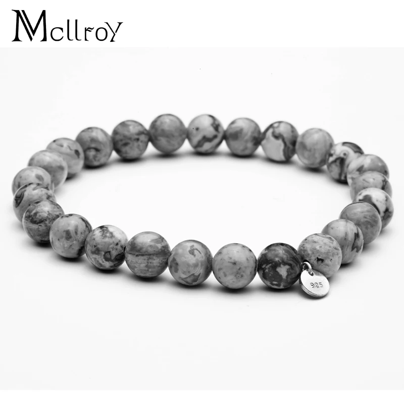 Mcllroy 8 мм серые бусины из натурального камня влюбленные 925 серебро PL Круглый браслет с подвесками мужской браслет с натуральным камнем и браслет для пар
