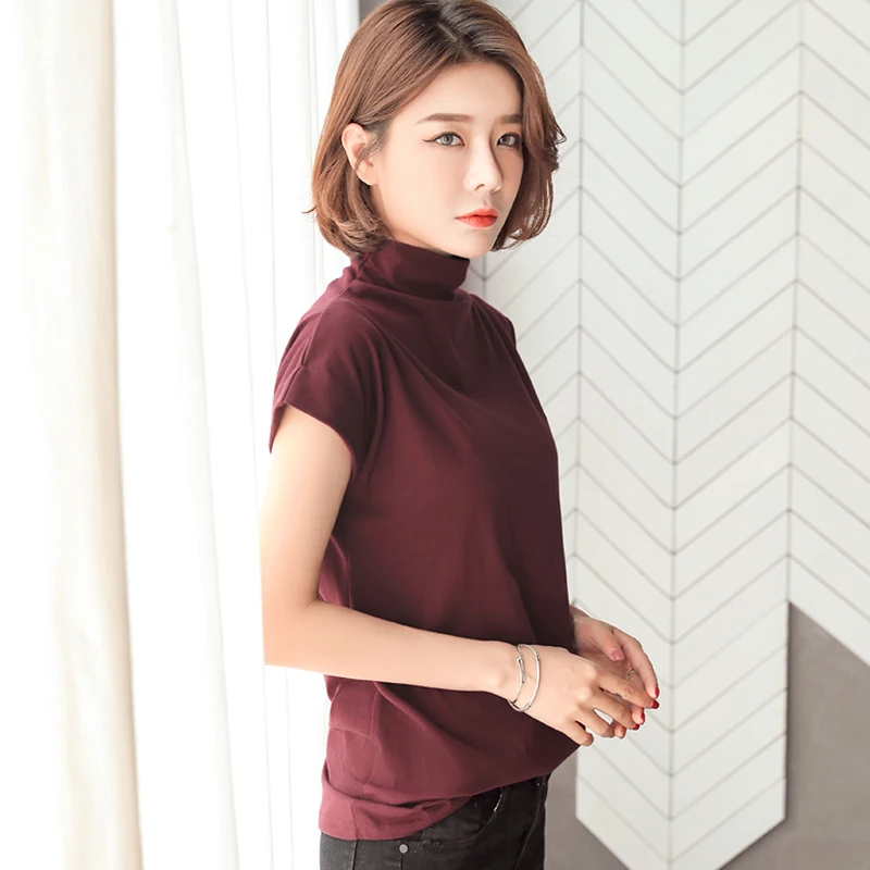 Женская розовая футболка с высоким воротником новинка 2019 хлопковая свободная