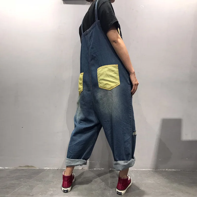 

Women Vintage Loose Korean Style Strap Denim Jumpsuits Women Splice Fashion Simple Casual Ankle-length Trousers XL-01