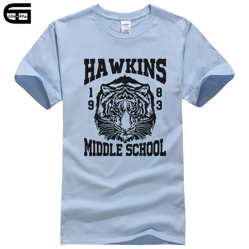 Light blue Летние Стильные футболки для мужчин Hawkins Middle School Tiger 1983, футболка с принтом, Повседневная футболка из хлопка T234 - Цвет: Light blue