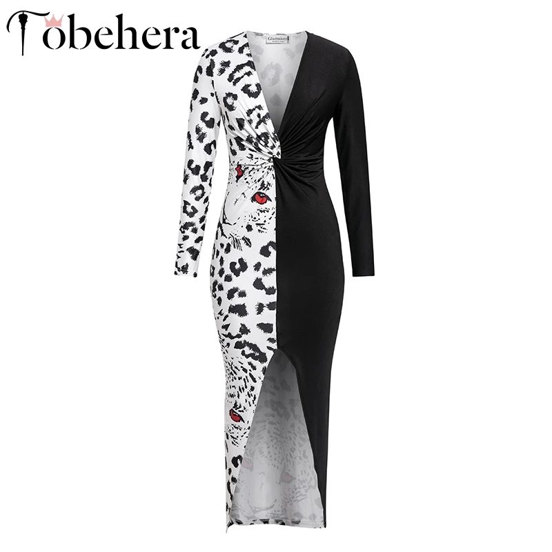 Женское платье с длинным рукавом Glamaker длинное облегающее леопардовым принтом и