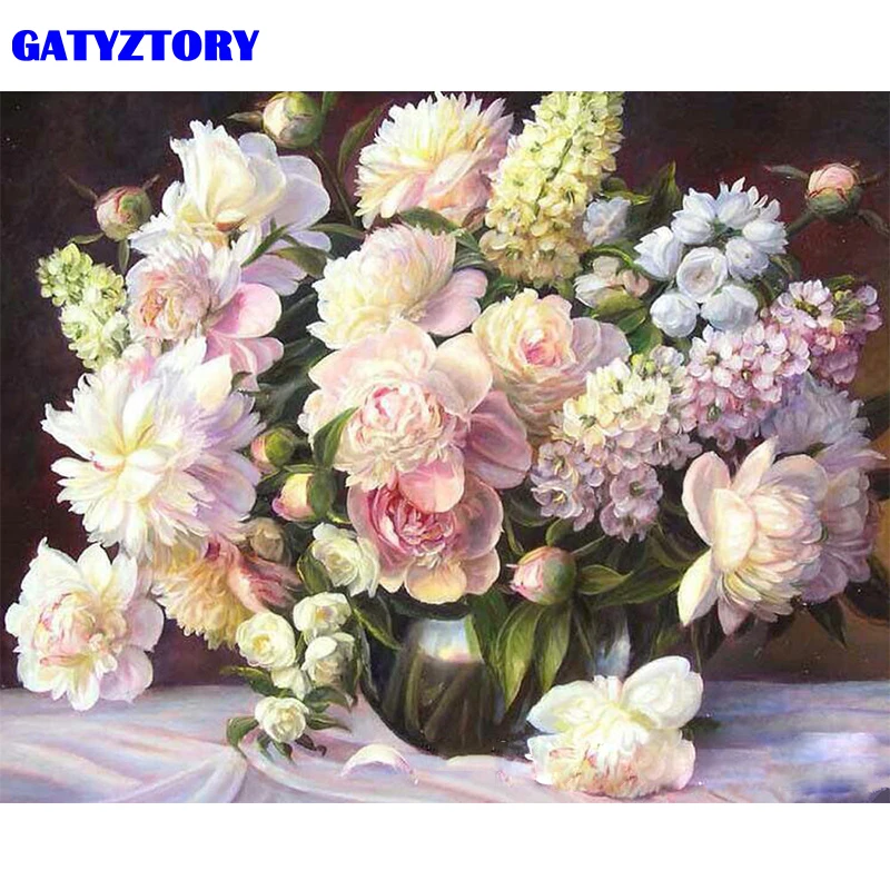 GATYZTORY, Безрамная картина, белые цветы, сделай сам, живопись по номерам, современный дом, настенная живопись, холст для дома, 40x50 см, произведение искусства