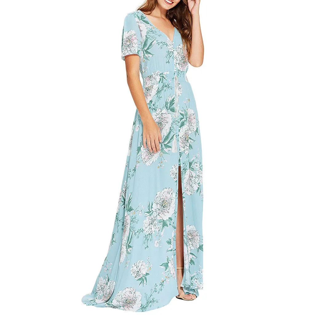 Women Summer Casual Floral Print V-neck Dresses Long Dress Button Up Split Flowy Party Maxi 2*0 | Женская одежда
