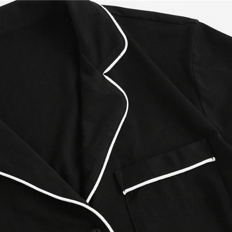 SHEIN контрастная окантовка карман спереди пижамный комплект черный короткий рукав топ с отворотом с эластичной талией шорты женские комплекты из двух предметов