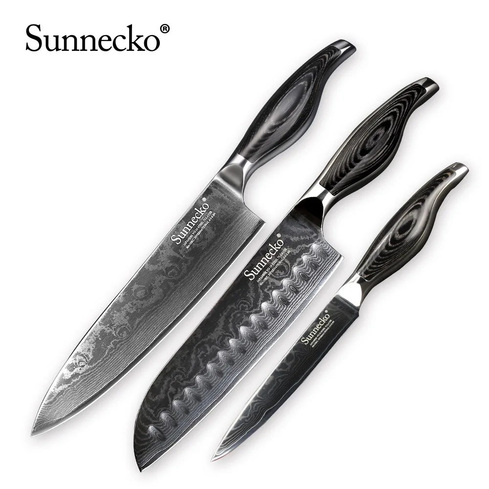 Sunnecko 8 шт. набор ножей из дамасской стали Подарочная коробка набор кухонных ножей для шеф-повара домашний хлеб Santoku для очистки овощей Кливер слайсер с деревянной ручкой - Цвет: 3pcs Knife Set A