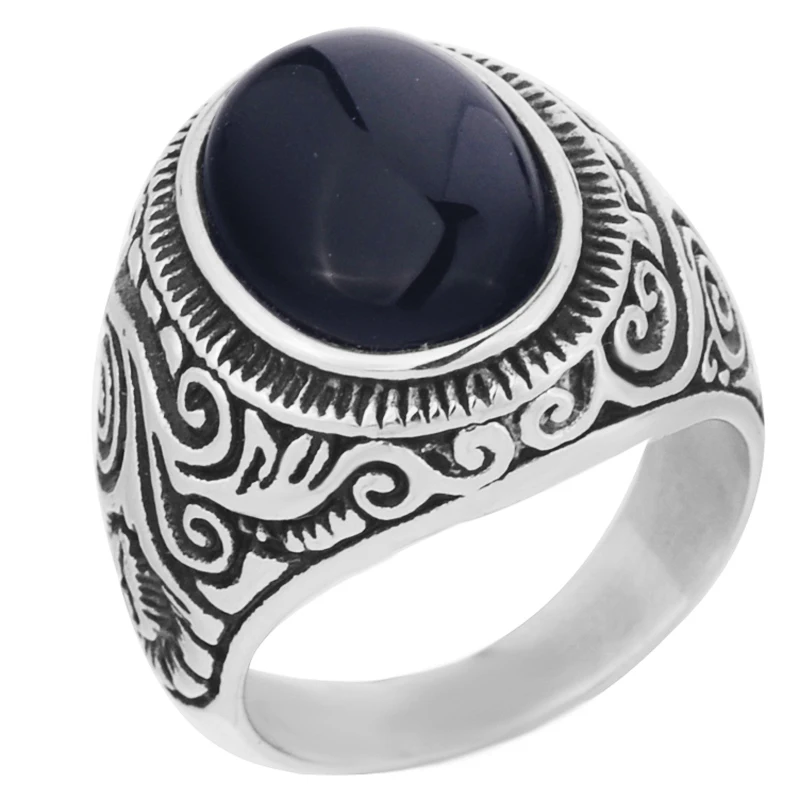 Мужское серебристое черное овальное кольцо Винтажное из нержавеющей стали для