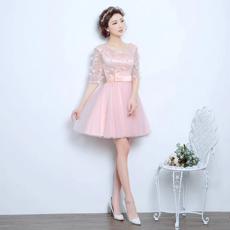 WB662 Short Homecoming Dresses Prett Girls Birthday Party Graduation Prom Gown Floral Lace Half Sleeve Pink Dress | Свадьбы и
