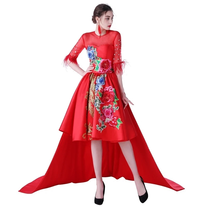 

Red Embroidery Qipao Chinese Traditional Wedding Dress Vintage Cheongsam Long Sexy Evening Dresse Robe Chinoise Oriental Customs