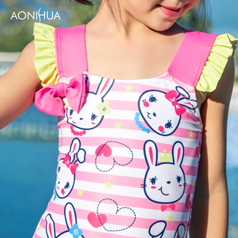 

AONIHUA Sweet Girl Carton pattern One Piece Set Swim Wear Waterproof Swimsuit Bathing Suit Sleeveless Swimwear Bow Tie decorate
