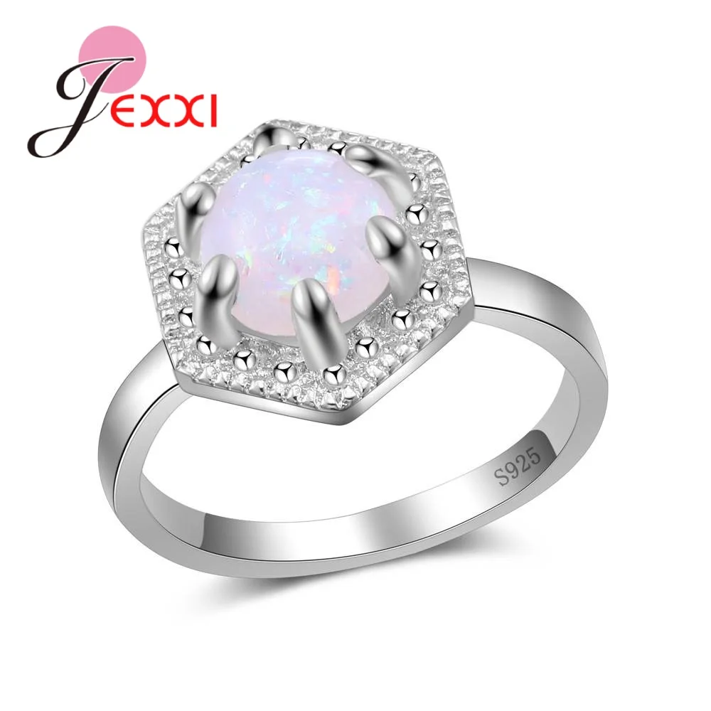 

Special Geometric White Opal Stones Prong Setting Authentic 925 Sterling Silver Rings For Women Party Engagement Accessory