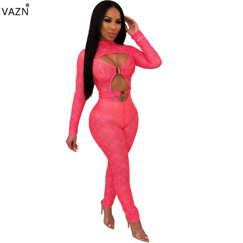 Женский комбинезон с круглым вырезом VAZN однотонный Длинный Шифоновый длинным