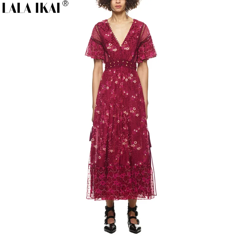 2017 Винтаж Цветочный принт платье миди Для женщин Осень Глубокий V Средства ухода