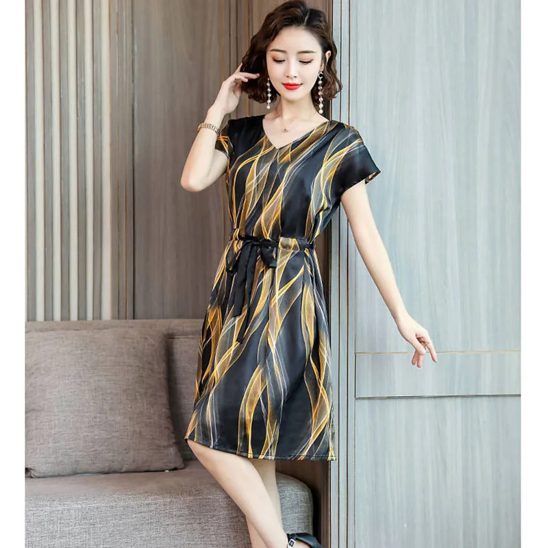 

Vintage Simulation Silk Dress Women Elegant Striped Elastic Wasit Casual Dress Plus Size 3XL Print Party Dress Female Vestidos