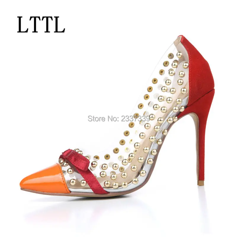 Модные из прозрачного ПВХ женские туфли-лодочки с острым носком Заклёпки высокий