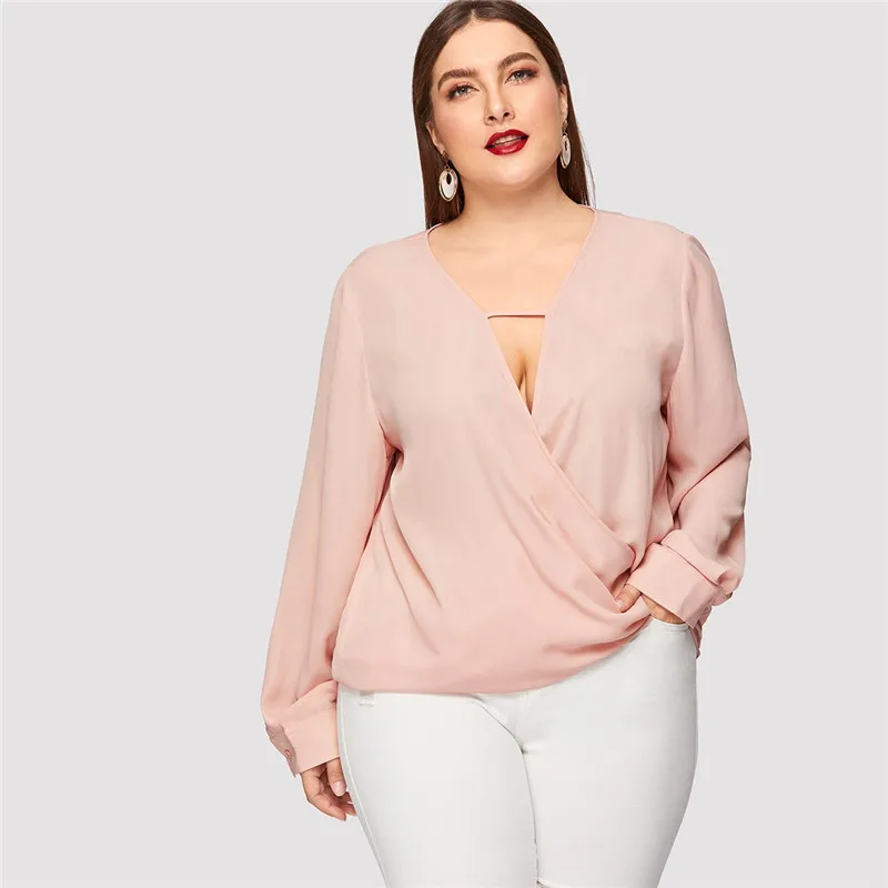 SHEIN Размер Плюс Однотонный Топ С Глубоким V-Образным Вырезом Сексуальная Блузка На Запах