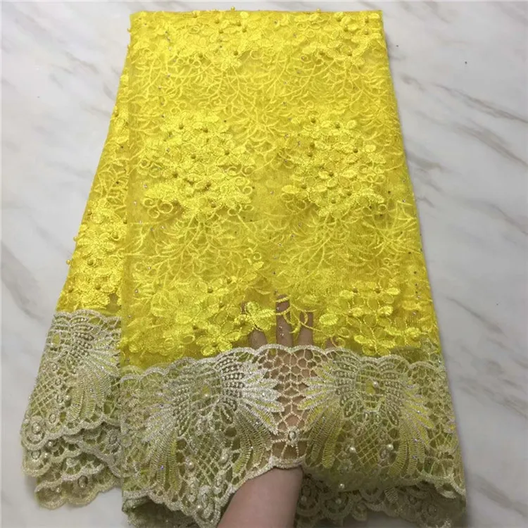 

New Design African Lace Fabrics High Quality French stone Lace Fabric For Party Dress Nigerian Beaded Lace Fabric orange yellow