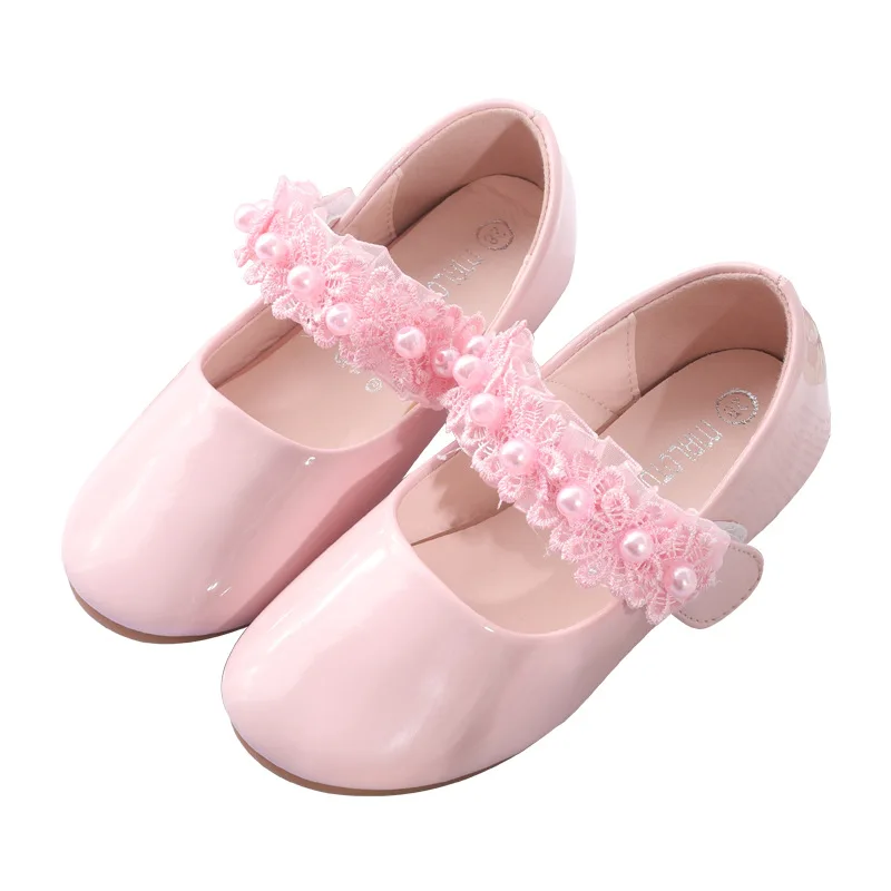 Туфли кожаные для девочек повседневная обувь принцессы с жемчугом и цветами