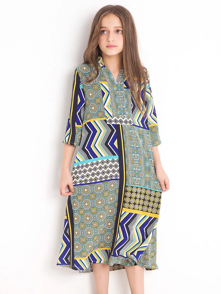 Шифоновое платье для девочек с принтом сезон лето-осень Одежда