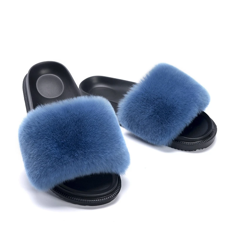 JELLYFOND Furry Slides for Women Leopard Slipper Real Rabbit Fur Slides Furry Flat Sandals Female Cute Fluffy Summer Shoes Woman