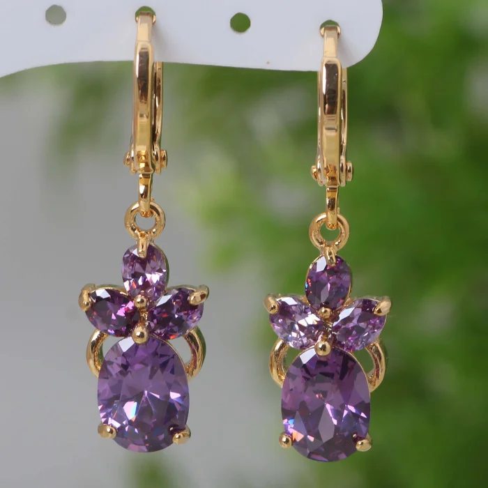 Женские Висячие серьги с фианитами золотистые и фиолетовые серьги-подвески E120 2021