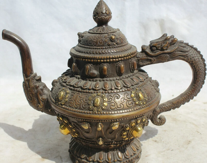

song voge gem S2091 Marked Chinese Dynasty palace Bronze Gild dragon handle Wine Tea Pot Flagon