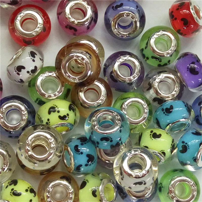 Hot 20pcs/lot Footprints Pattern Handmade DIY Resin Beads Silver Core Charm Fit European Bracelet | Украшения и аксессуары