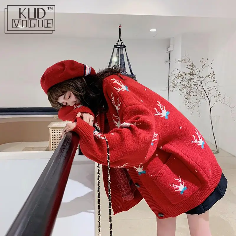 Женский вязаный кардиган осенне-зимний теплый Свободный красного или черного